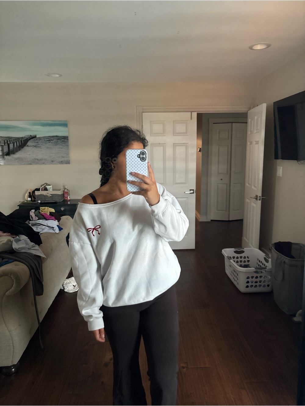 Ardene White Off-Shoulder Sweater with Red Bow Accent